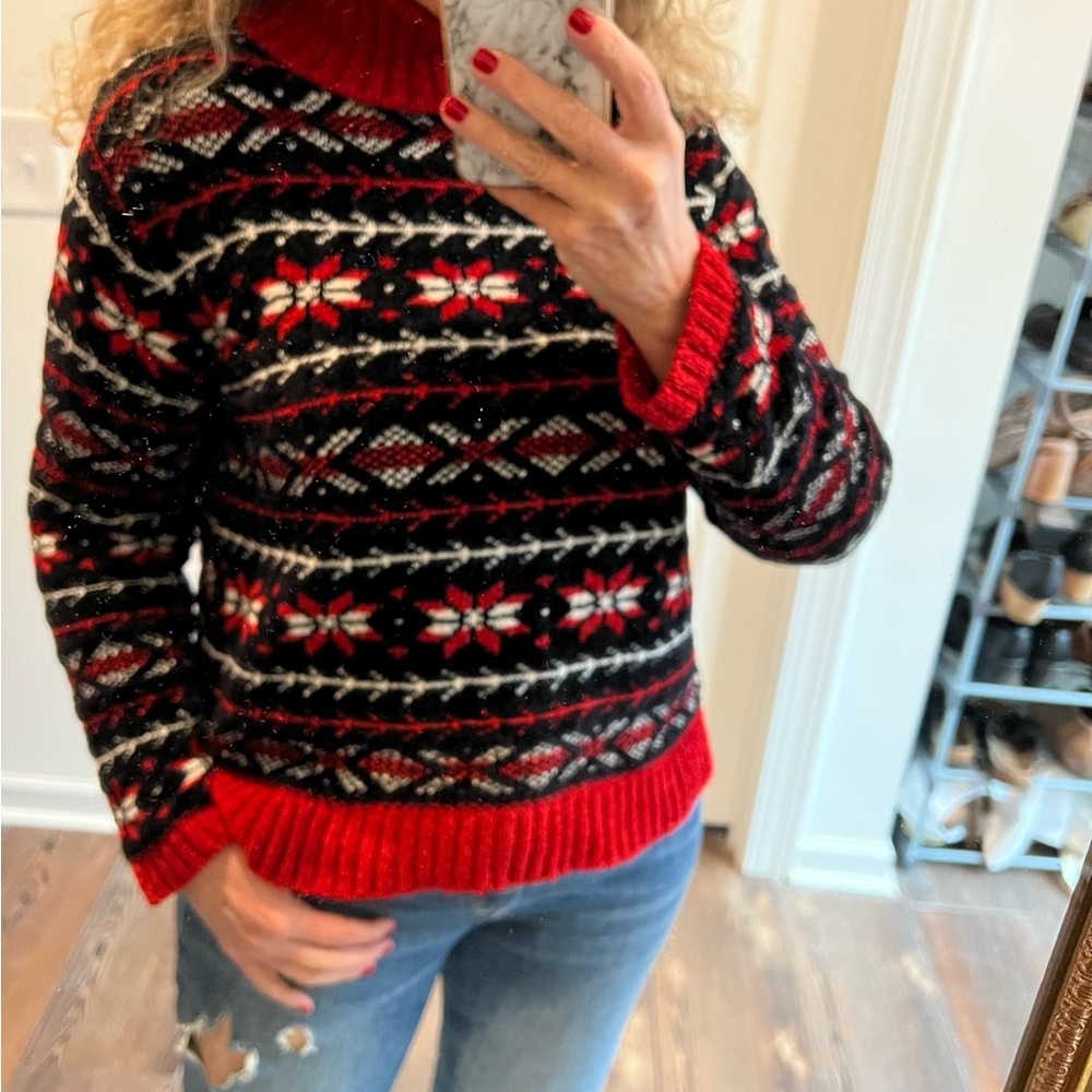 Vintage black red Fairisle turtleneck Chenille pullover sweater size medium ski